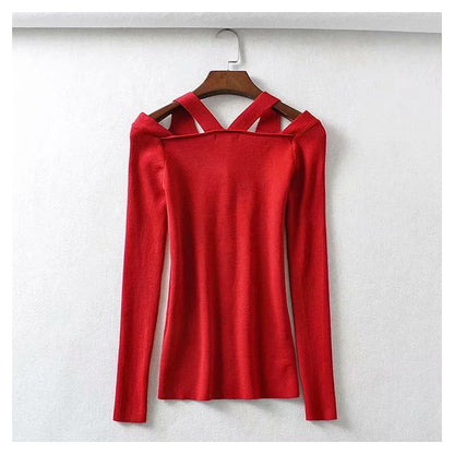 Versatile leaky shoulder V Neck Long Sleeve Sweater Cardigan top  7273