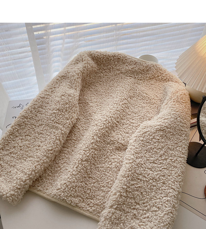 Lamb wool coat female Korean minority design loose pocket long sleeve top  6221