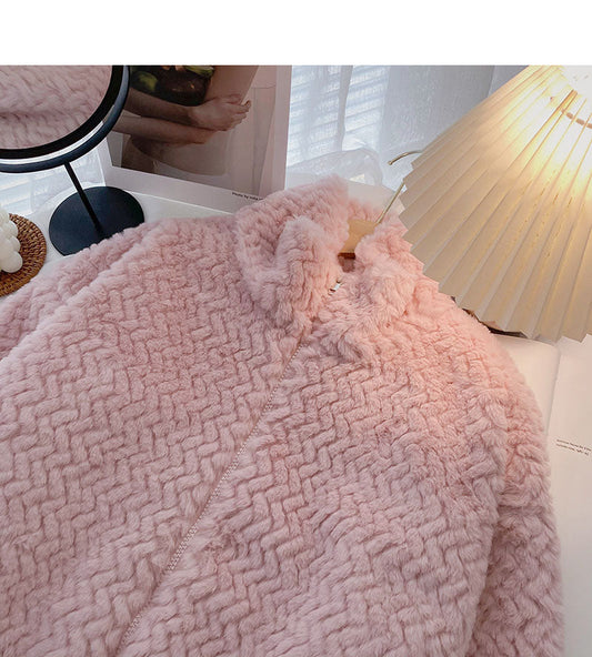 Loose Plush coat with drawcord design and stand collar warm top  6223