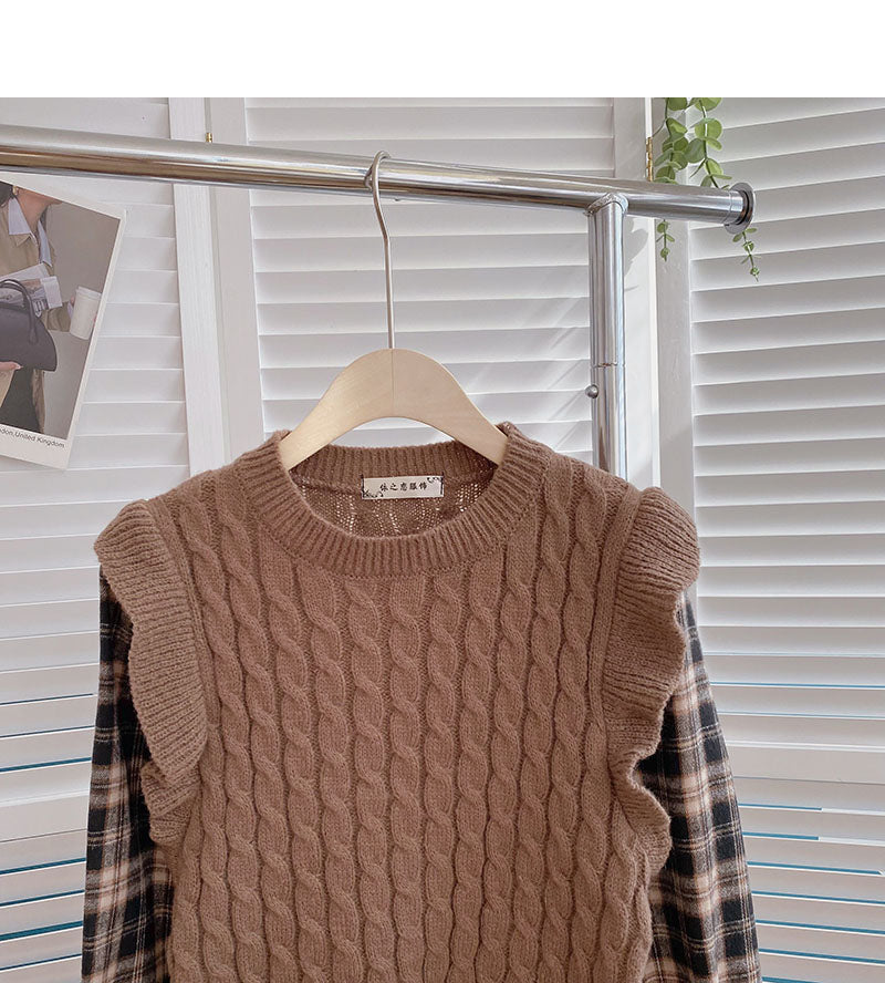 Vintage Linen knitted Plaid long sleeve sweater  6141