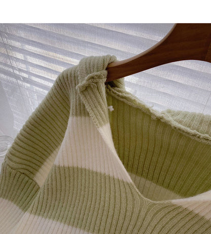 Casual Short striped sweater hooded Pullover Top  6461