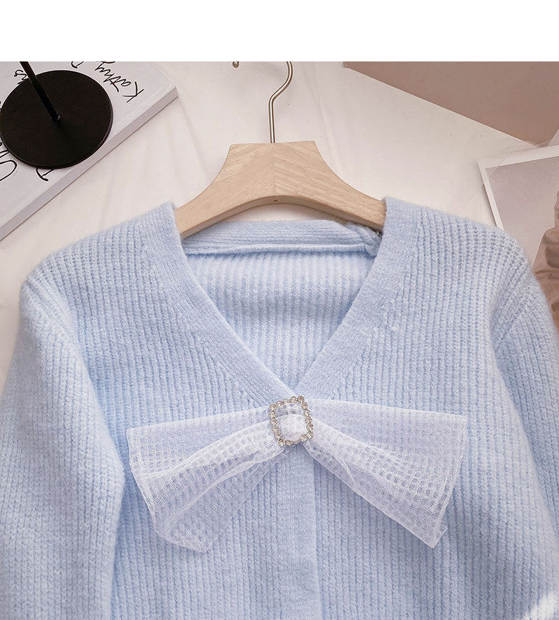 Lazy wind gentle foreign style solid color bow V-neck top  6134