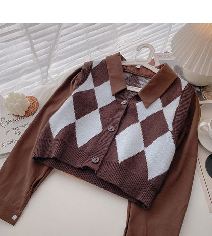 Korean retro Hong Kong style knitted Plaid stitched long sleeves  6339