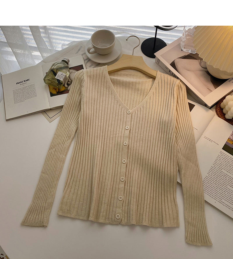 Knitted cardigan women's fashion versatile V-Neck long sleeve top  6558