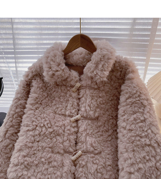Sweet aging Plush ox horn button loose long sleeve coat  6222