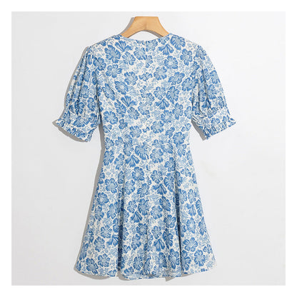 New fashion versatile flower print V-neck slim bandage bubble sleeve dress  7025