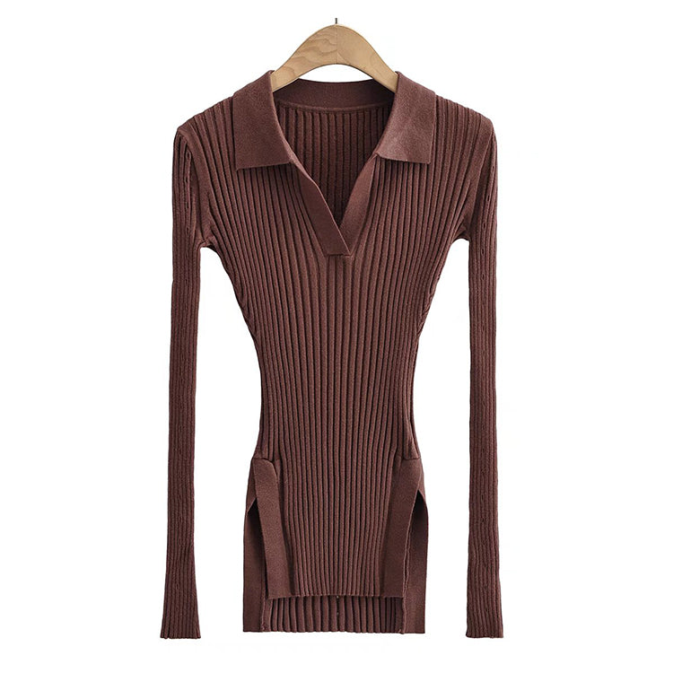 Slim polo collar long sleeved T-shirt with slim fit inside top  7336