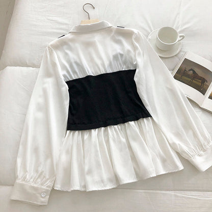Women's black suspender stitched with white fake two-piece shirt  6247