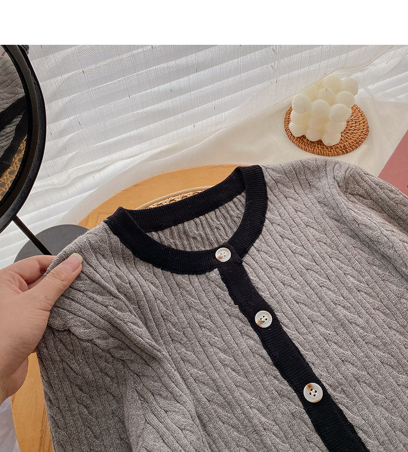 Knitted crew neck cardigan, versatile lazy long sleeve short top  6656