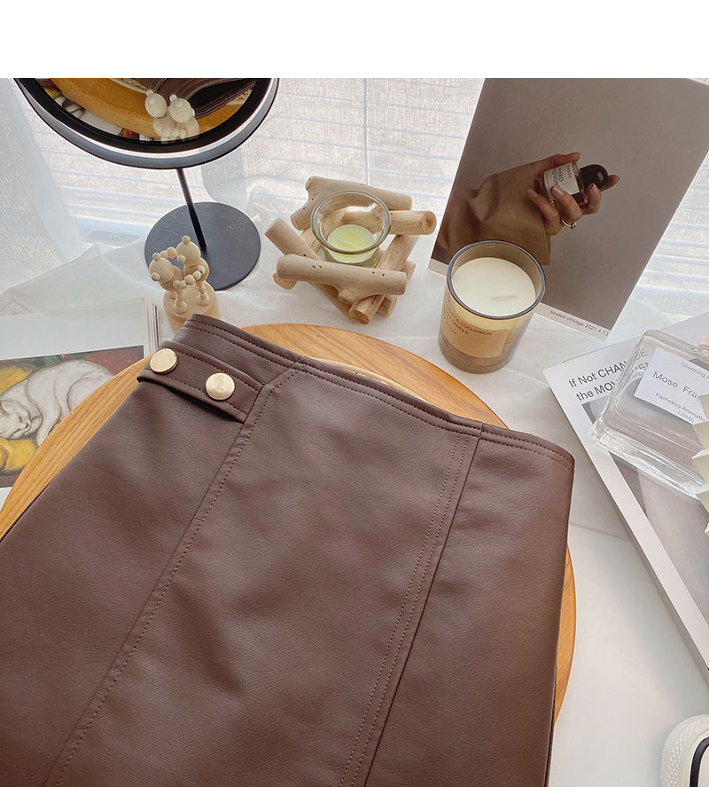 Korean solid color versatile fashion high waist PU leather bag hip skirt  5520