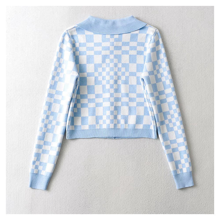 Checkerboard Plaid Polo neck sweater short sweater cardigan jacket  7357
