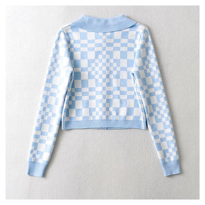 Checkerboard Plaid Polo neck sweater short sweater cardigan jacket  7357