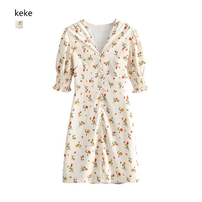 Versatile slim and fresh printed breasted dress skirt  7031