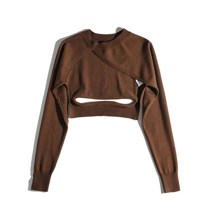 Solid color top small retro round neck hollow knitted Pullover Sweater  7244