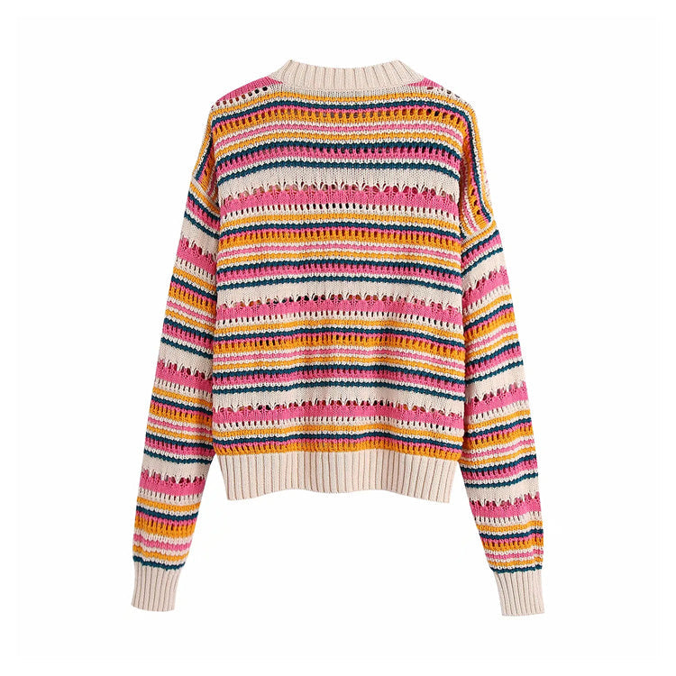 Hollow out color stripe round neck sweater  7255
