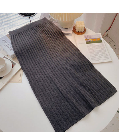 Simple and versatile thread knitted high waist split A-line skirt  5752