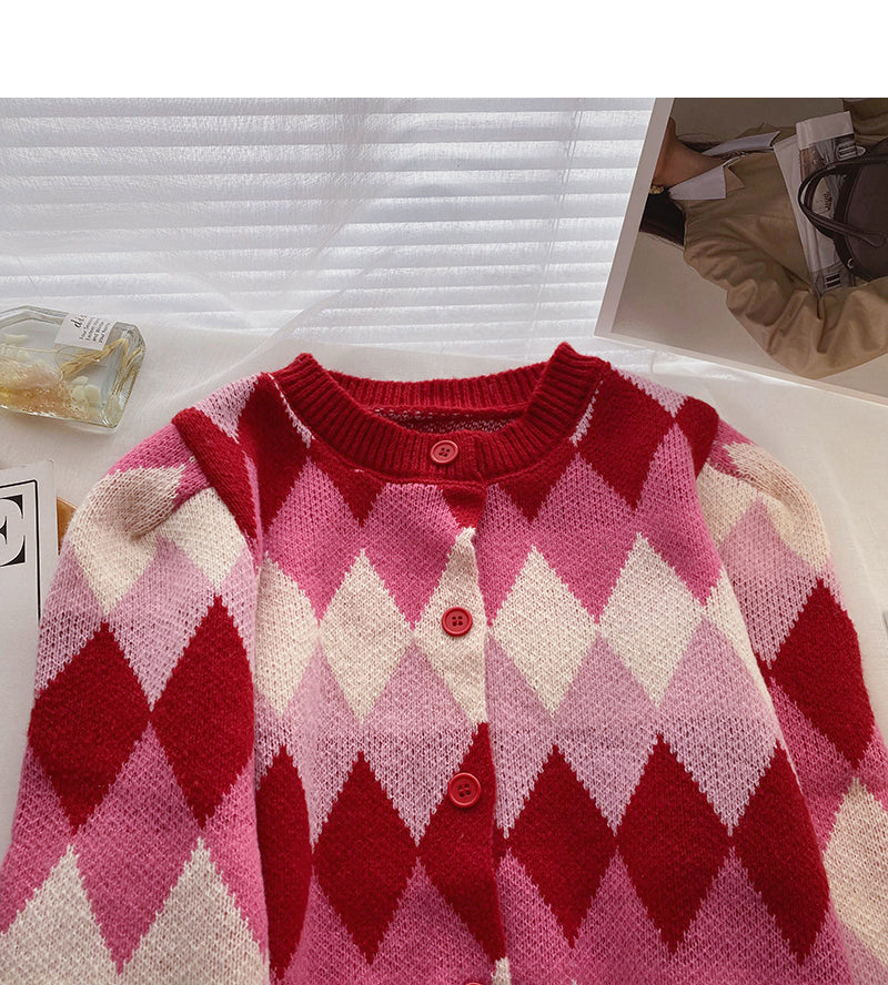 Lingge contrast color sweet retro long sleeved sweater  6206