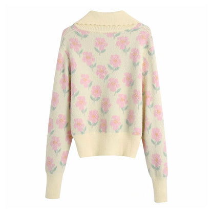 Round Lapel printed sweater baby collar sweater  7167