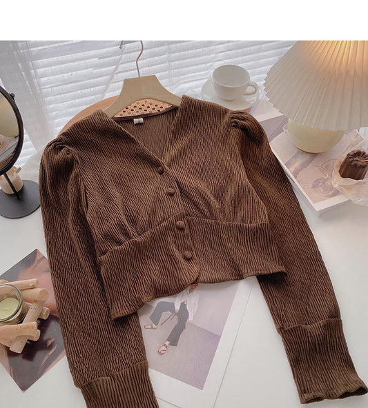 Pleated Vintage V-neck shirt shows thin Hong Kong flavor  6401