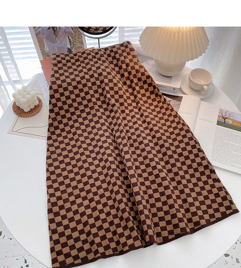 Retro fashion net red checkerboard high waist A-shaped skirt  5763
