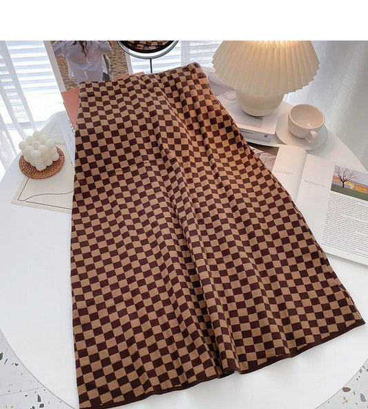 Retro fashion net red checkerboard high waist A-shaped skirt  5763