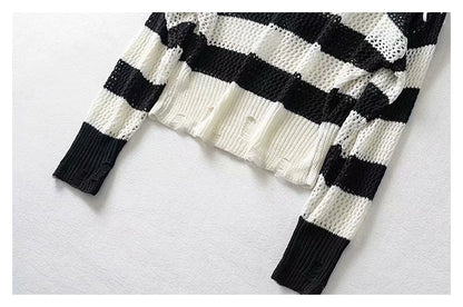 Hong Kong Style Vintage stripe hollowed out design Hooded Sweater  7280