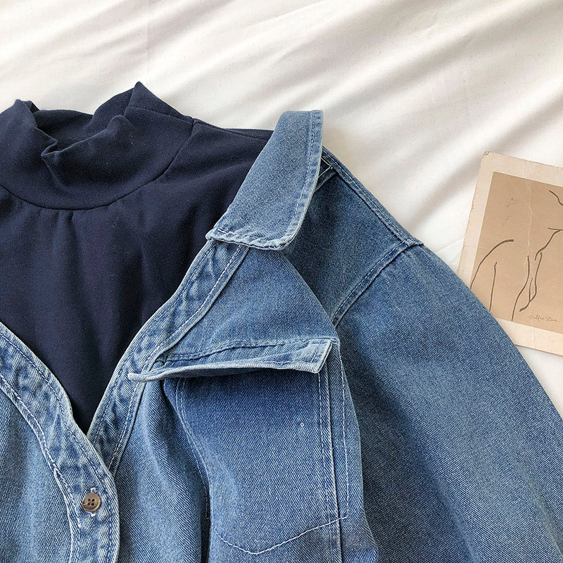 Hong Kong style fashion stitched stand collar medium and long denim shirt  6248