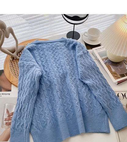 Design sense wavy lace sweater loose sweet crew neck top  6088