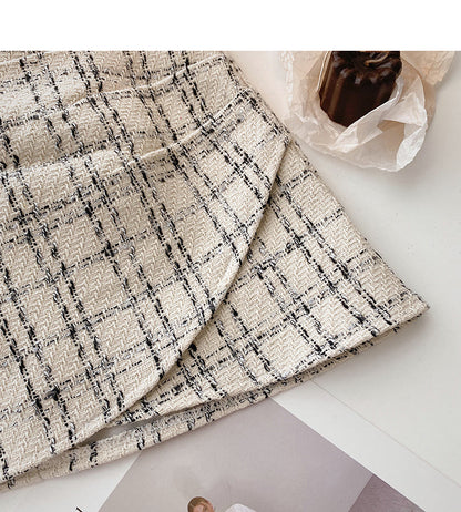 Korean fashion retro design pleated hip Plaid high waist A-shaped skirt  5628
