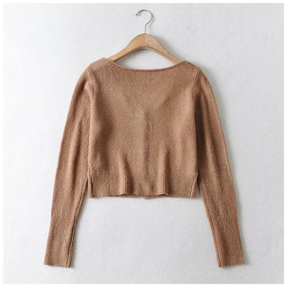 V-neck waist with exposed navel and long sleeve knitted cardigan  7229