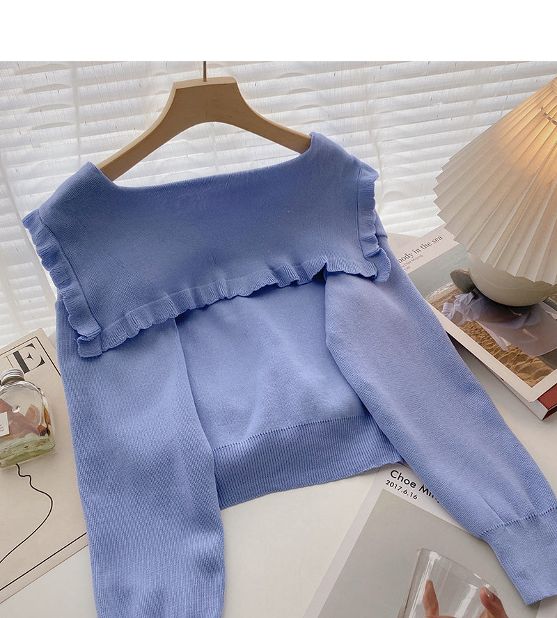 Lace Navy collar age reducing short sweater  6574