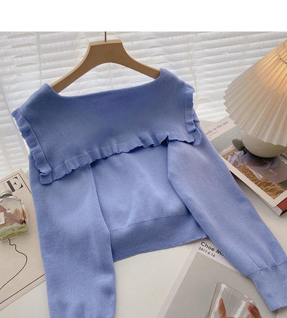 Lace Navy collar age reducing short sweater  6574