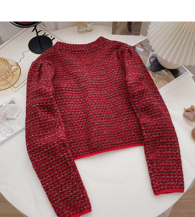 Small fragrance retro red sweater cardigan female  6052