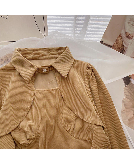 Careful machine cut-out stitched long sleeve top with belt  6352