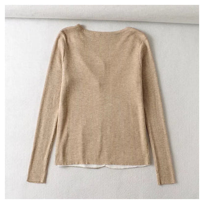 V-neck breasted color contrast fake two slim knit Cardigans  7471