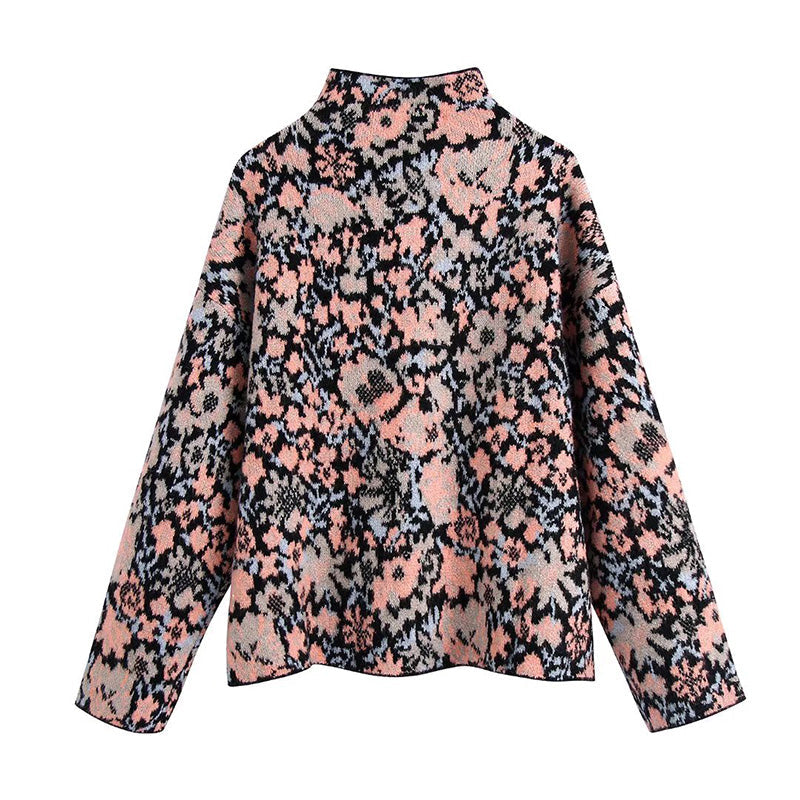 Vintage stand collar long sleeve flower jacquard sweater  7504