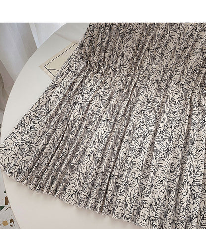 Hong Kong style retro printed leaf A-shaped medium length skirt  5739