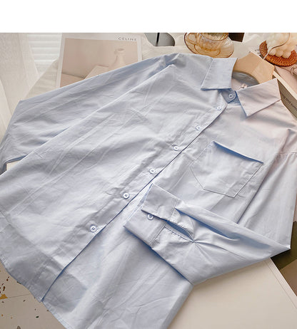 Solid long sleeve shirt versatile simple Lapel cardigan top  6417