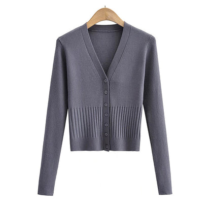 V-neck knitted cardigan slim single breasted short sweater coat  7451