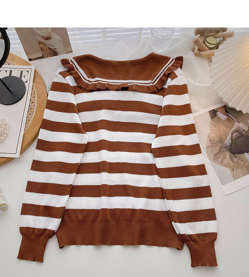 Lace doll neck contrast stripe long sleeve versatile top  6616