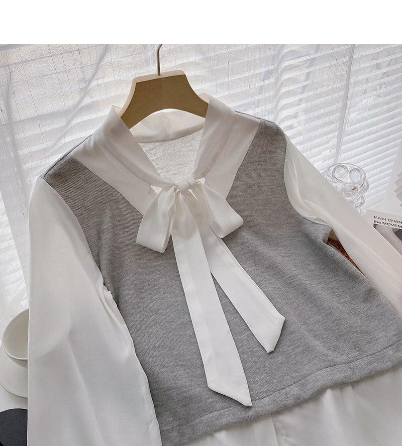 Shirt Female Minority lace up long sleeve stitching fake two pieces  6320