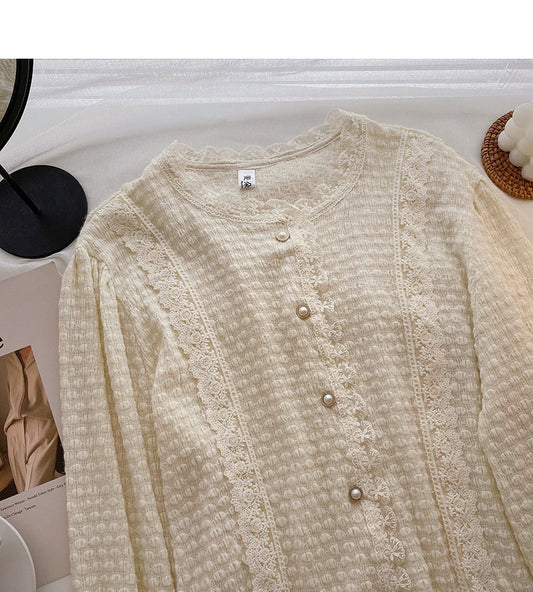 Korean version of foreign style solid color lace round neck top  6335