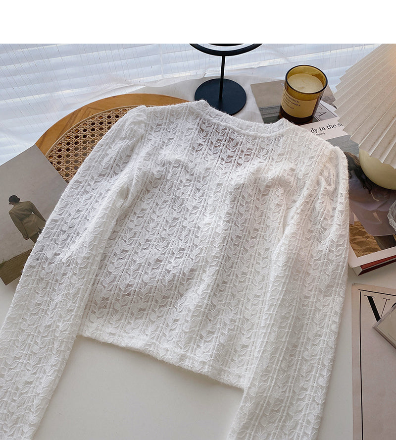 French small square collar lace shirt long sleeve short top fashion  6362