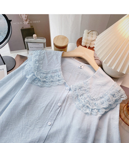Baby collar lace edge solid color shirt slim long sleeve top  6385