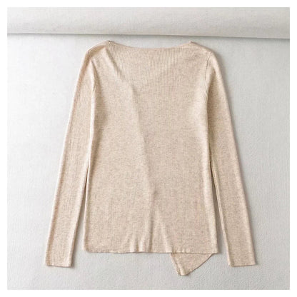 V-neck button irregular slim long sleeved sweater  7465