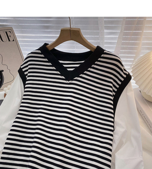 Contrast stripe V-Neck long sleeve shirt  6315