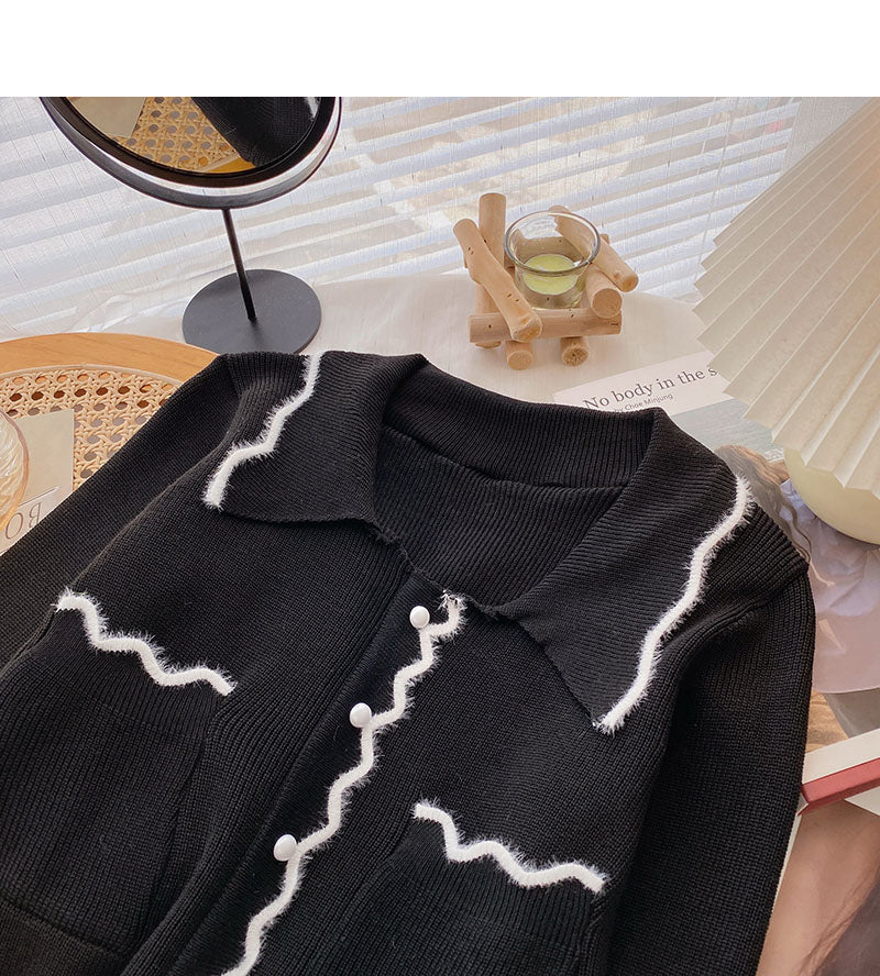 Niche design retro color blocking wave edge Lapel long sleeve top  6674