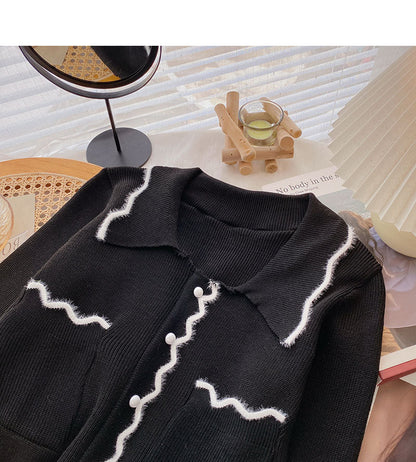 Niche design retro color blocking wave edge Lapel long sleeve top  6674