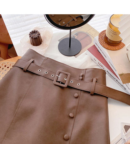 Korean fashion irregular button high waist thin wrap hip leather skirt  5532