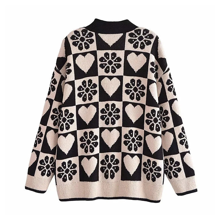 Quality V-Neck long sleeve jacquard knitted cardigan sweater coat  7266